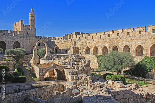 The Jerusalem Citadel or Tower of David, with the archaeological finds in its courtyard and the Ottoman minaret, as it appears today