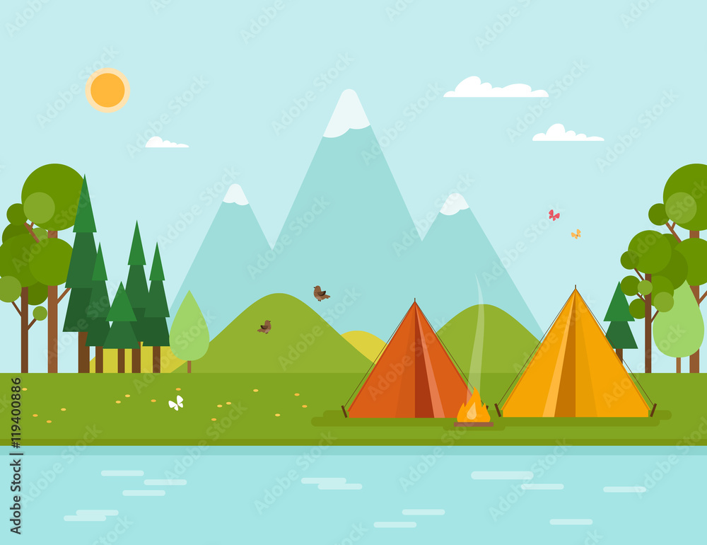 Colorful concept with summer camping. Vector illustration.
