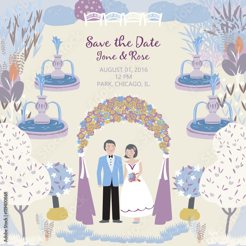 Save the date. Vintage card with illustration of wedding ceremony in the garden: couple, arch and fountains.