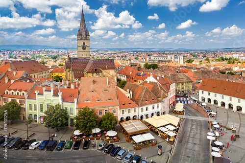 Aerial view of Sibiu old center. Founded by German settlers, Sibiu was once the capital of the Principality of Transylvania
