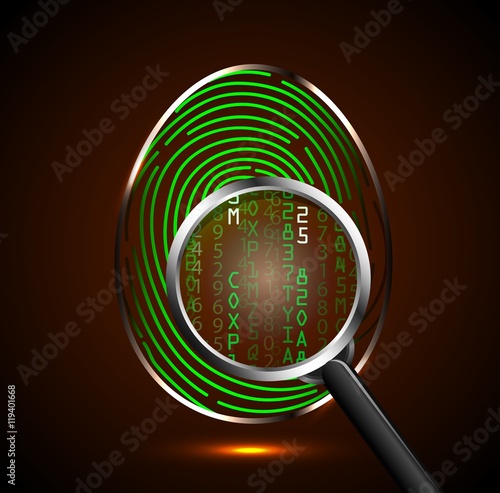 Magnifying glass looking at a fingerprint and showing binary code