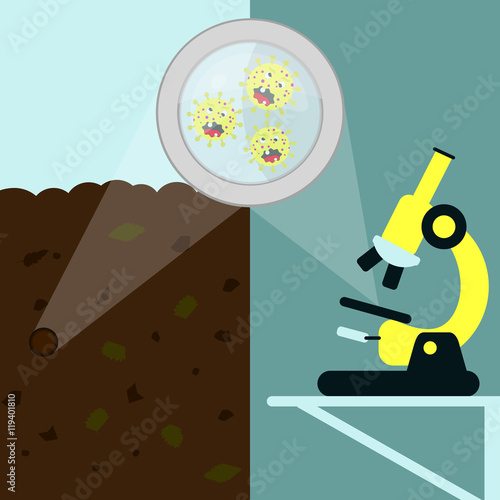Magnifying glass enlarging cartoon of virus on the earth with decomposed leaves. Soil sample with microorganisms being analyzed under the microscope in the laboratory.