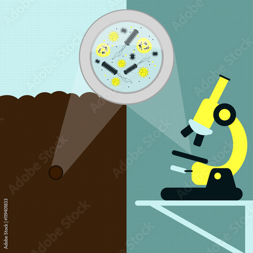 Magnifying glass enlarging the microorganism, bacteria and virus on the earth. Soil sample being analyzed under the microscope in the laboratory. Background with lines and texture.
