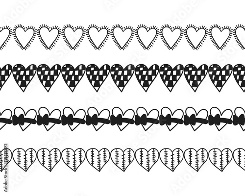 Black and white decorative ornament, pattern, border of hearts.