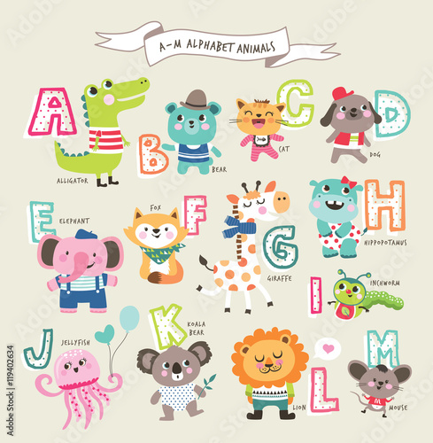 Cute cartoon animals alphabet from A to M