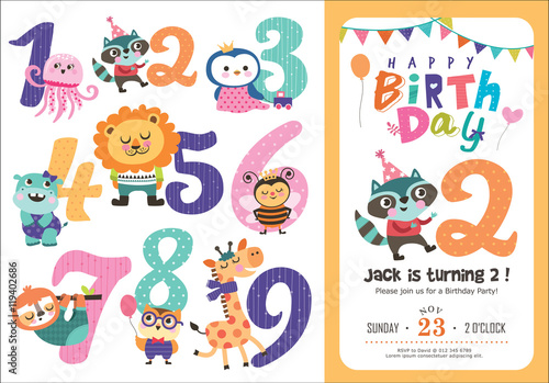 Birthday Anniversary Numbers with Cute Animals & Birthday Party Invitation Card Template 
