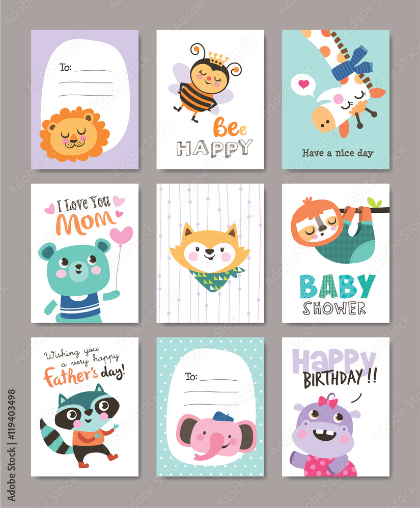 Set of greeting cards with cute animals