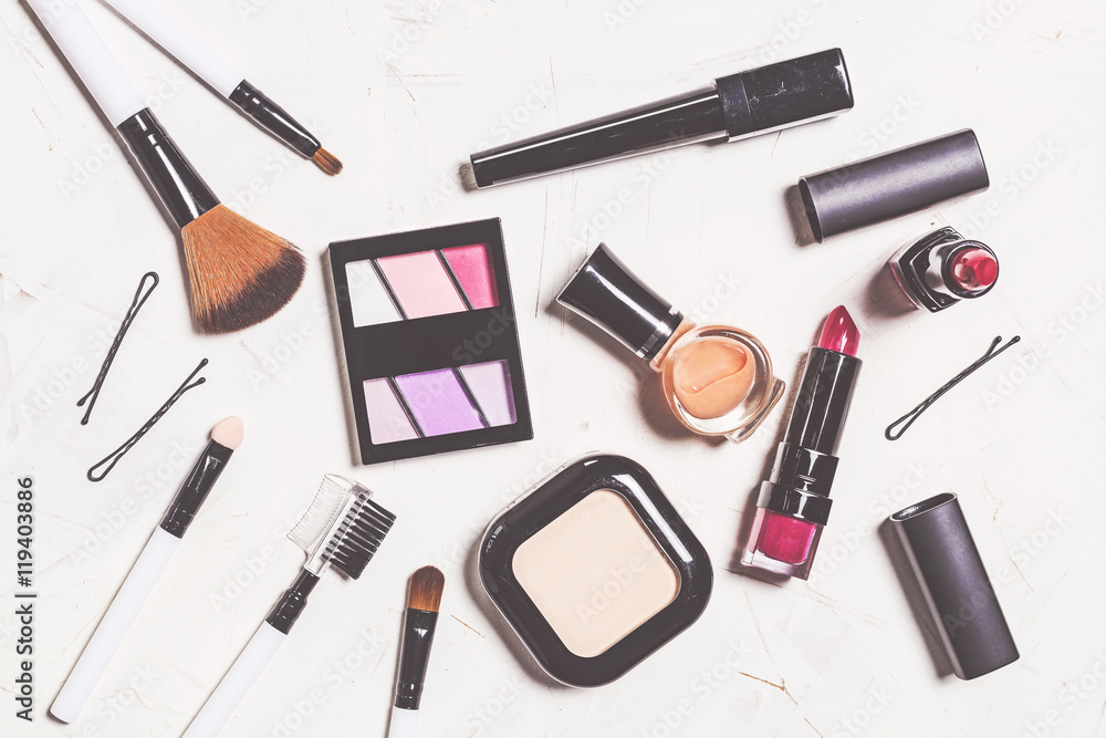 Overhead view of essential beauty items, Top view of cosmetics a Overhead view of essential beauty items, Top view of cosmetics a