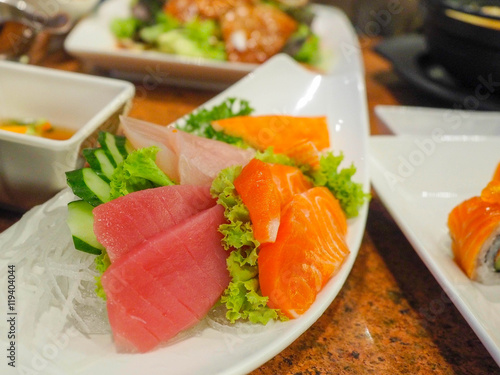 Sashimi is a japanese food on white dish