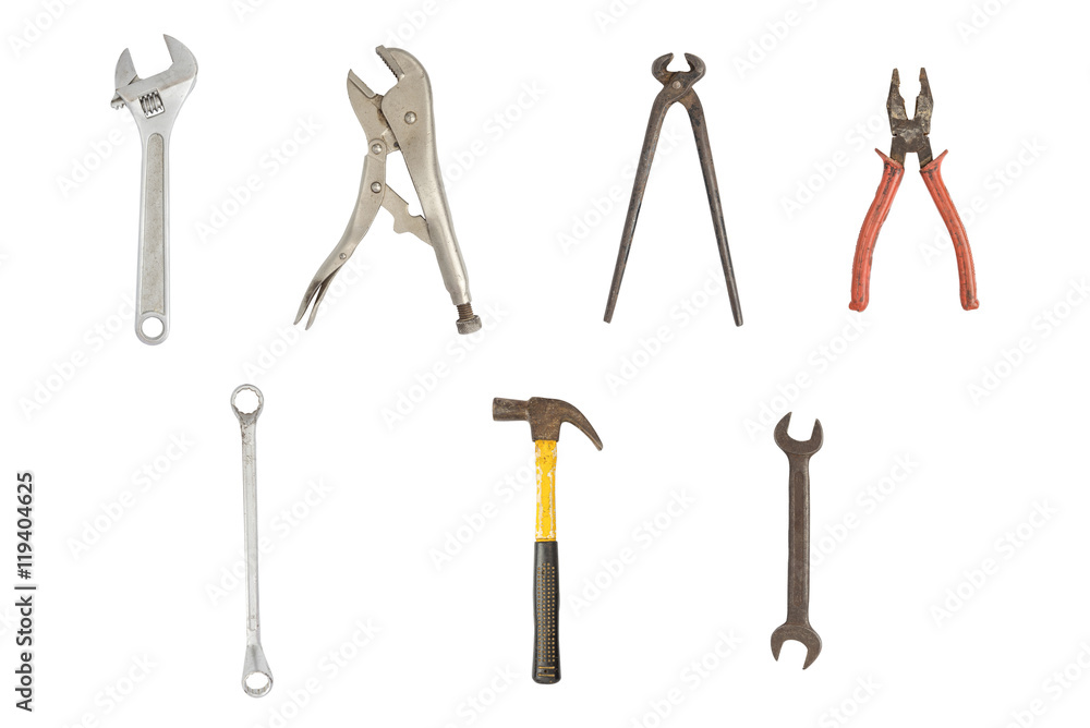Image isolated set of old working tools. Clipping path Image isolated set of old working tools. Clipping path
