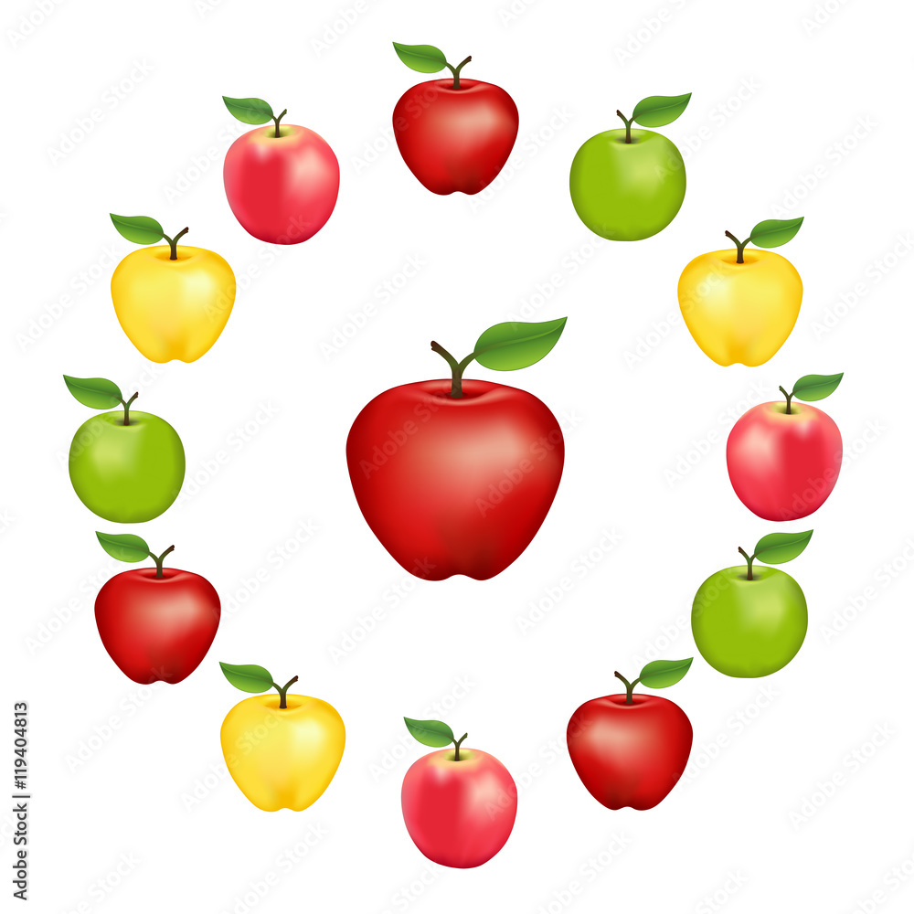 Apples in a wheel, Granny Smith, Red Delicious, Golden Delicious and Pink varieties, fresh, natural, ripe, orchard garden fruit in a circle, isolated on a white background. Apples in a wheel, Granny Smith, Red Delicious, Golden Delicious and Pink varieties, fresh, natural, ripe, orchard garden fruit in a circle, isolated on a white background.