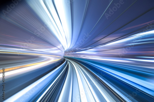 Photography rail track and cityscape of tokyo from speed train