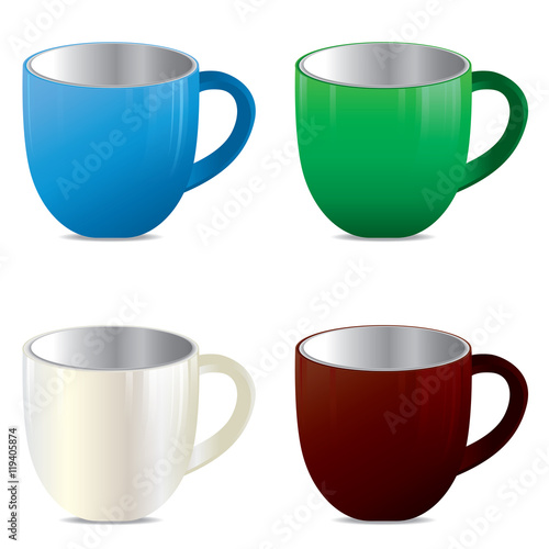 Multicolored cup set isolated on white background.
