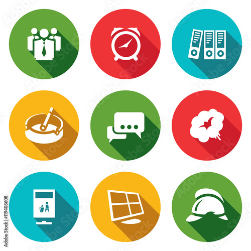 Vector Set of Office Fire Alarm Icons. Team, Time, Documentation, Communication, Smoke, Urn, Surveillance, Firefighter