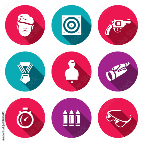 Vector Set of Shooting Range Icons. Soldier, Shoot, Weapon, Award, Mannequin, Observation, Speed, Arsenal, Safety.