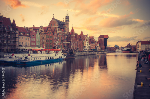Dlugie Pobrzeze  tourist ships and historical waterfront  Gdansk  Poland