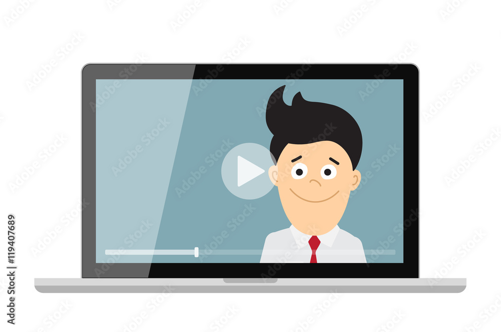 Online learning concept. Laptop monitor with teacher, tutor, businessman and play button. Online learning or e-learning and webinar. Concept of vlogging or blogger. Online learning concept. Laptop monitor with teacher, tutor, businessman and play button. Online learning or e-learning and webinar. Concept of vlogging or blogger.