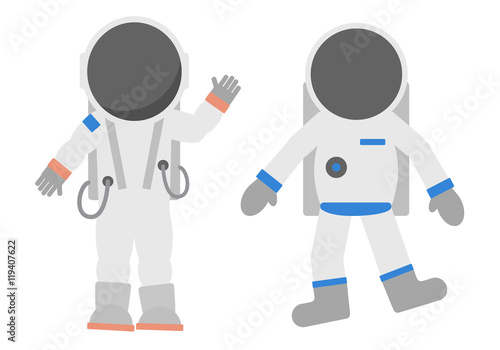 Isolated cosmonauts set on white background. Astronauts in different suits and helmets. Standing and floating. Exploring cosmos.