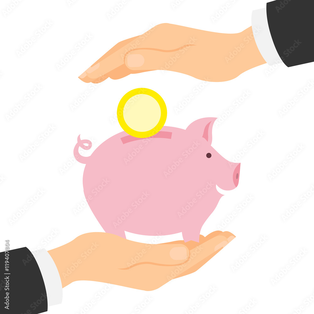 Fototapeta premium Piggy bank protection. Safety of savings and earnings. Hands palm protect pink piggybank with golden coin.