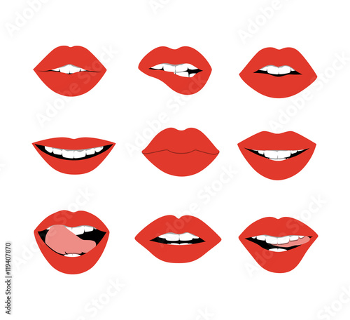 Red lips set on white background. Sexy and glamour red lips for body expression. Concept of romantic holiday or valentines day.