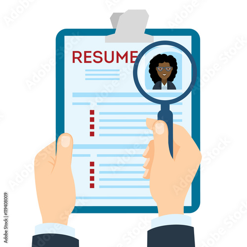 woman resume with magnifier at the table. Cv resume concept. Finding a worker. Apply for a job. Business opportunity. Cv profile.