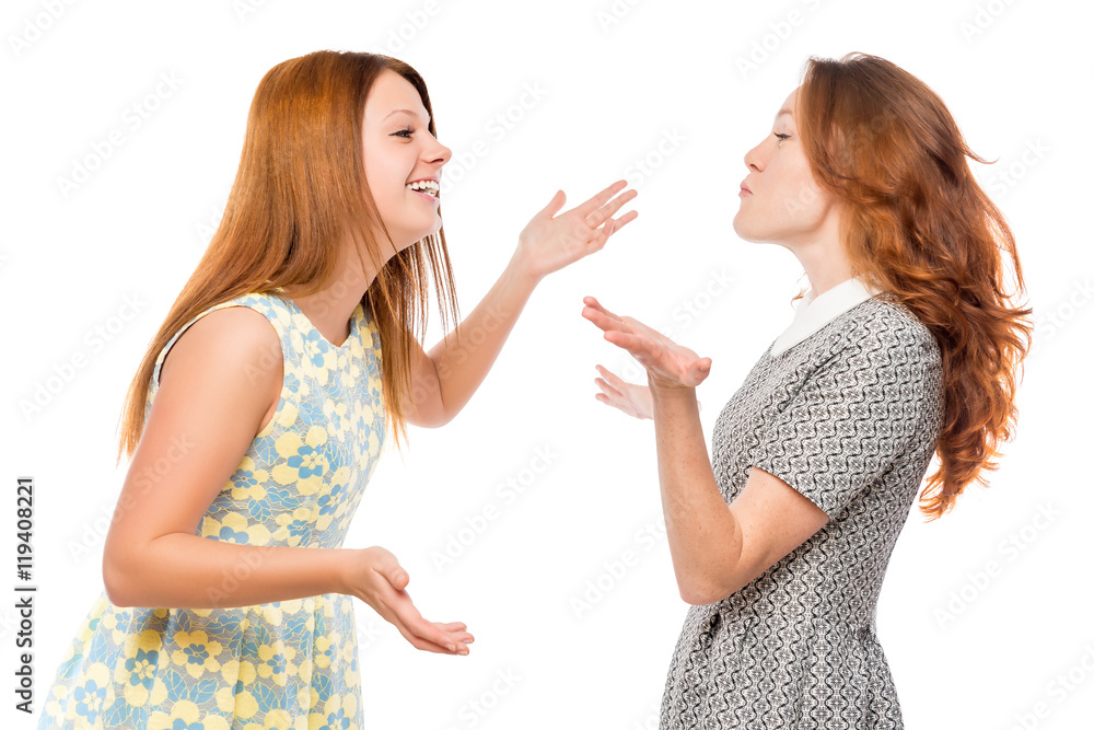 best friends are arguing on a white background isolated best friends are arguing on a white background isolated