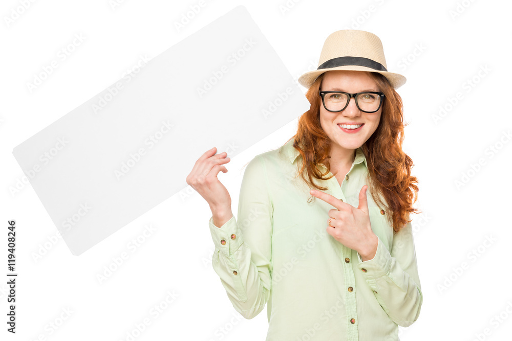 pretty girl in a hat with a blank for inscription on a white bac pretty girl in a hat with a blank for inscription on a white bac