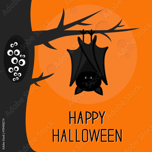 Happy Halloween card. Bat hanging on tree. Hollow with eyes in the dark. Closed wings. Cute cartoon character. Baby illustration collection. Flat design. Orange background Big moon.