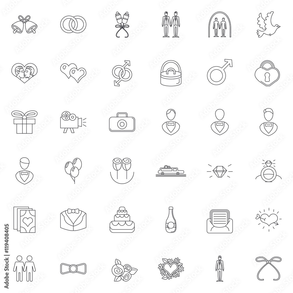 Wedding gay vector icons and elements in thin line style