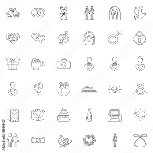 Wedding gay vector icons and elements in thin line style
