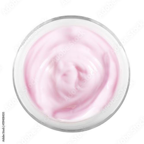 Cosmetic cream in jar, top view, isolated on white