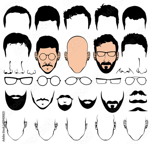 Design constructor with man head vector silhouette shapes of haircuts, glasses, beards, mustaches