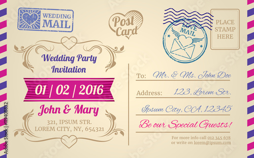 Vintage postcard vector template for wedding invitation, love letter, valentines day