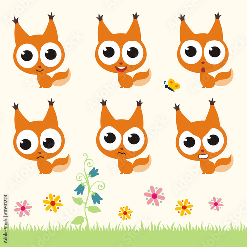 Vector set cute squirrel. Collection isolated funny squirrel. Emotion little squirrel.