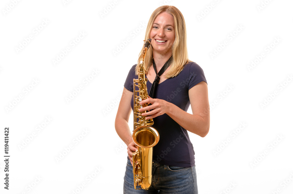 Fototapeta premium Attractive young woman with a treble saxophone