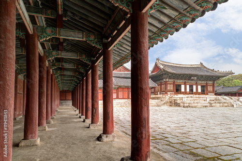 Corridor and Myeongjeongjeon, the main hall of Changgyeonggung Palace in Seoul, South Korea.