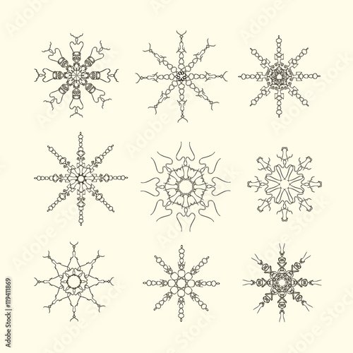 Set of snow-flakes line icons  black and white sketches on light pink  vector illustration