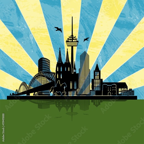Köln Sommer Panorama Skyline Wandtatoo Sehenswürdigkeiten Kölner Dom Hohenzollernbrücke Rathaus Triangle Stadtansicht Städtetour Tourismus