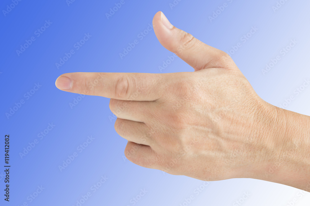 Hand - Zeigefinger auf blauem Hintergrund Hand - Zeigefinger auf blauem Hintergrund