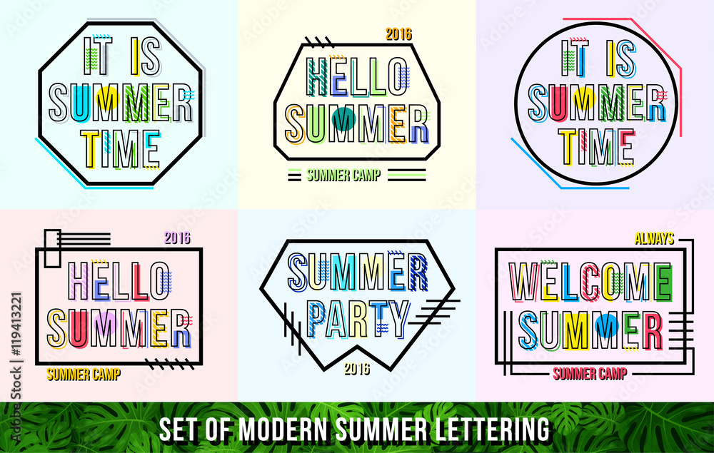 Set of trendy summer text composition. Summer modern lettering for your design. Vector illustration. Set of trendy summer text composition. Summer modern lettering for your design. Vector illustration.