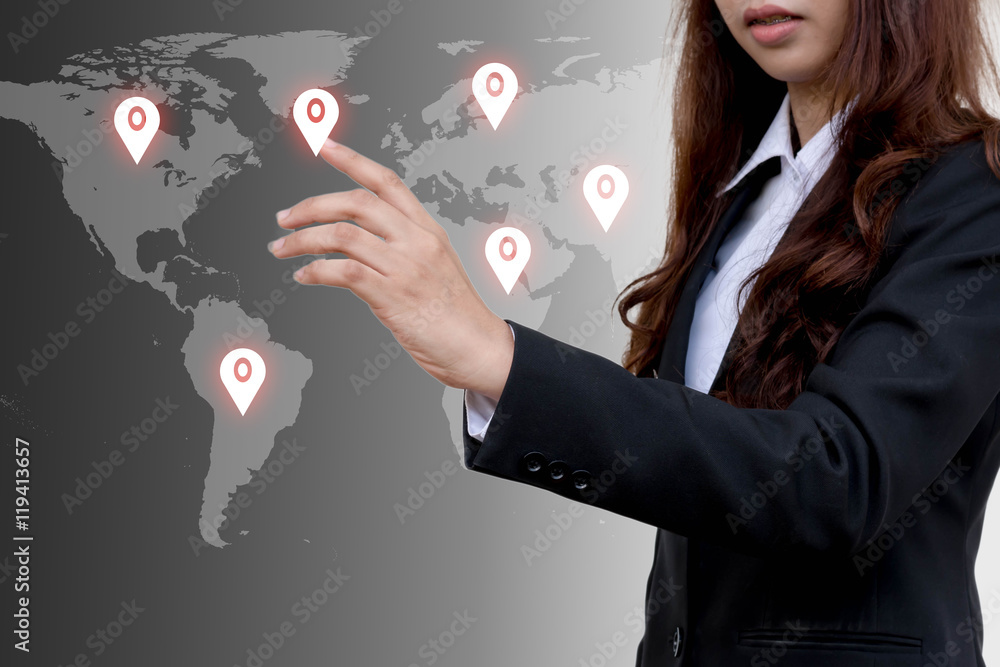 Business woman select check in icon on map. Business woman select check in icon on map.
