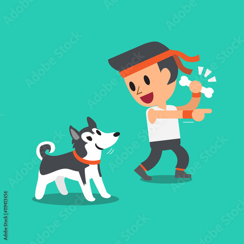 Cartoon a man and his siberian husky dog