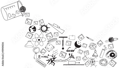Physics, chemistry, biology and astronomy science doodle handwriting theory and tool icon pouring from lab beaker bottle in white isolated background paper used for school education (vector)