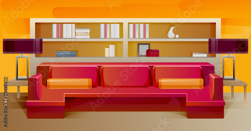 Interior of living room with pink sofa