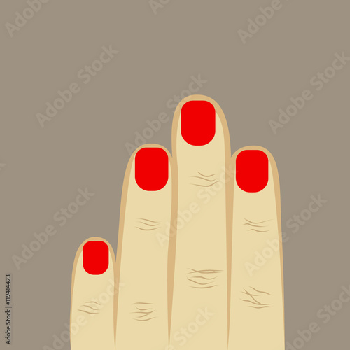 woman's hand four fingers with manicure. red manicure, short nai