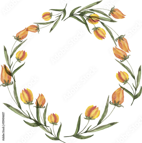 Yellow tulips frame. Hand drawn watercolor illustration.