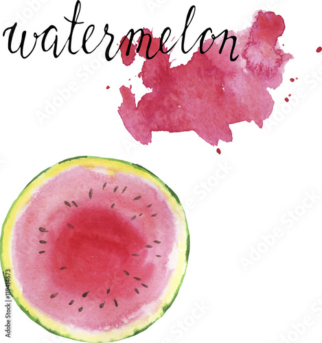 Pieces of fresh watermelon with hand lettering watermelon on white background.Hand drawn vector watercolor illustration.