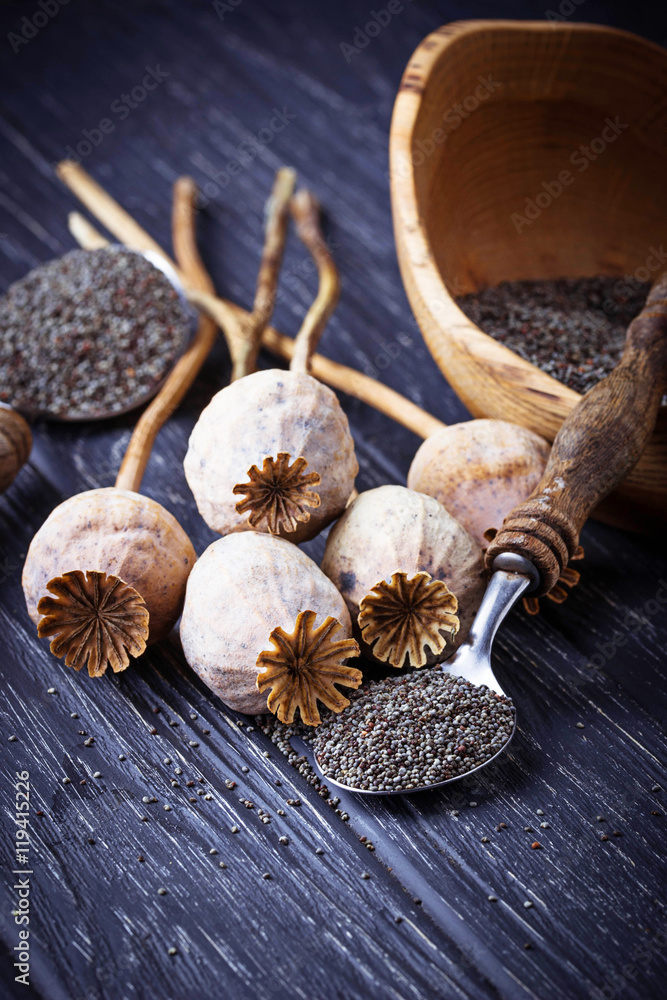 Poppy seeds and heads on wooden background Poppy seeds and heads on wooden background