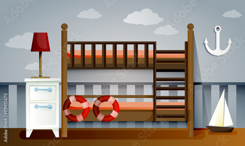 Interior of navy child room with bunk bed