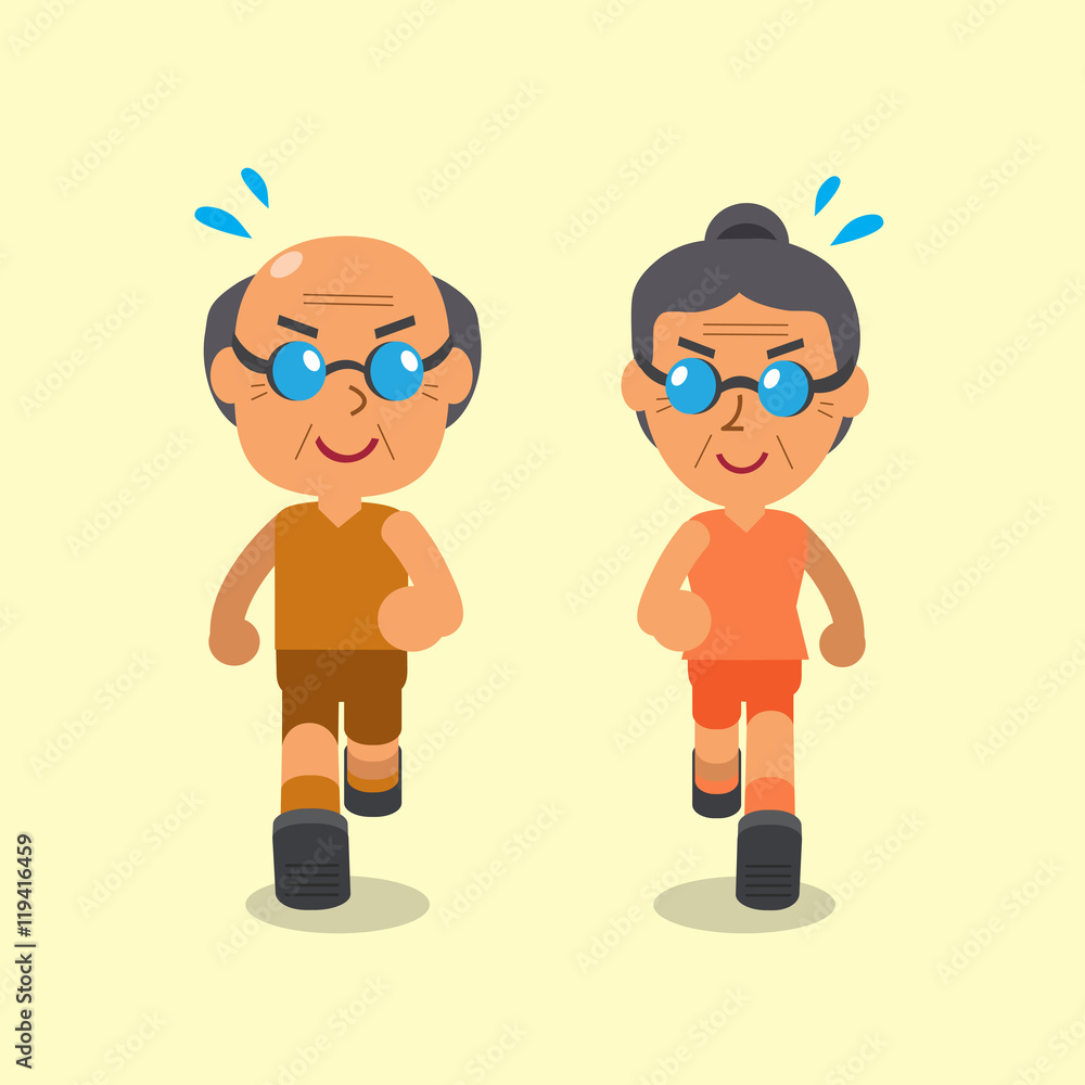 Cartoon senior man and woman running together Cartoon senior man and woman running together